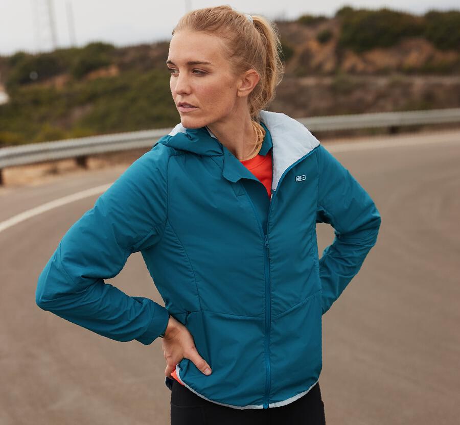 Chaquetas Hoka One One Mujer - Hybrid Run - Azules - TEC403529